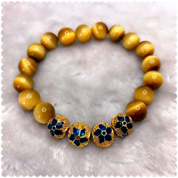 Tiger Eye Gold Grade A3+A5 10mm Cloisonné Gold Plated Charm Bracelet - Picture 8 of 11